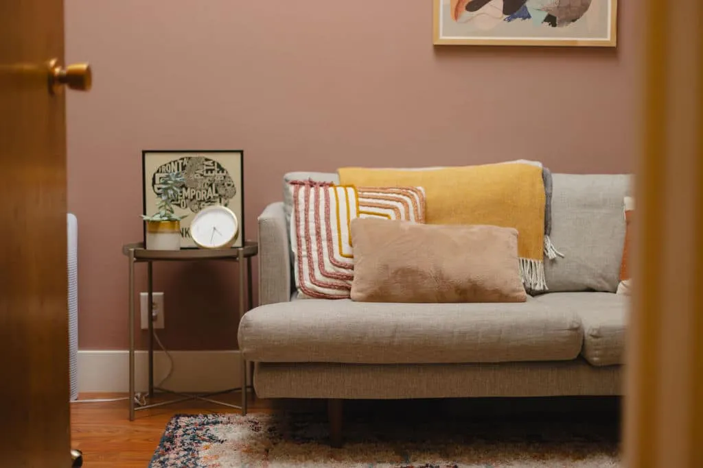 A calm, light-filled Carlsbad therapy room where clients meet with an ADHD psychologist